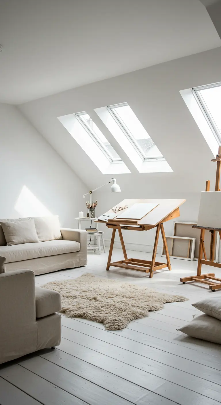 Lichte zolderkamer met witte vloeren, een beige bank en een schildersezel, gebruikt als atelier.