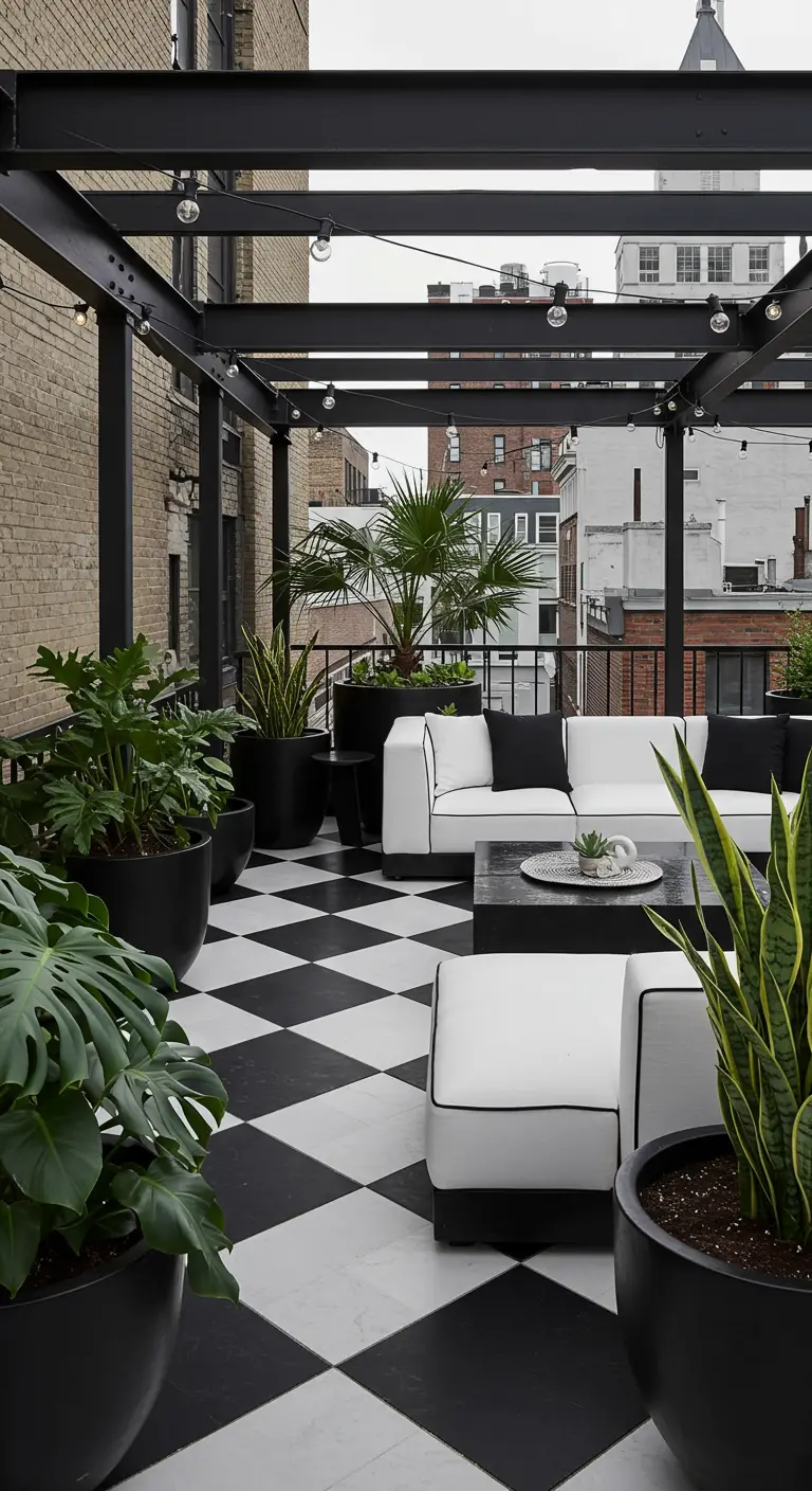 Dakterras met zwart-wit geblokte vloer, witte designbank en zwarte pergola.