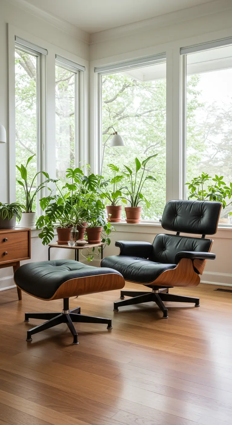 Een zwarte Eames Lounge Chair met ottoman in een lichte, door planten omgeven hoek.