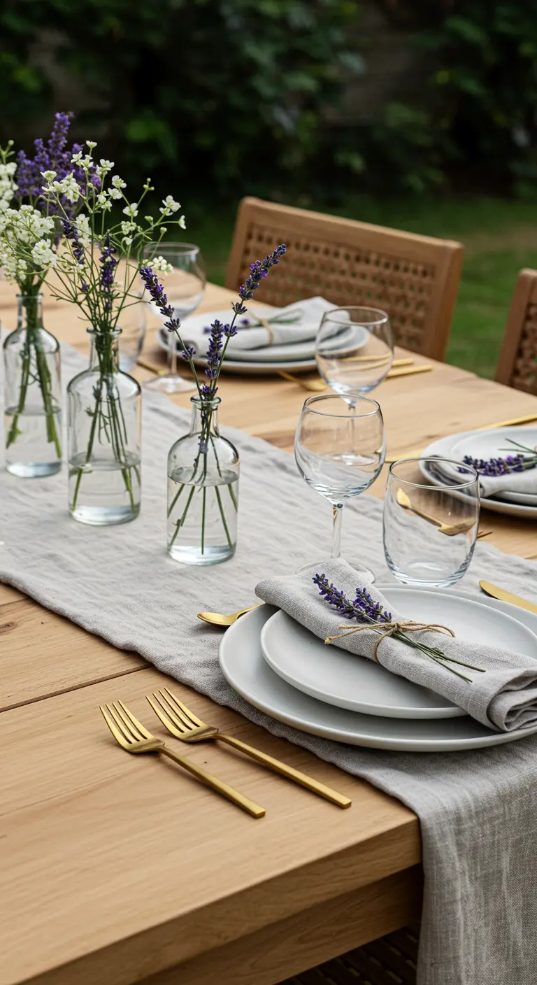 Gedekte tafel met een linnen servet, vastgebonden met een takje lavendel.