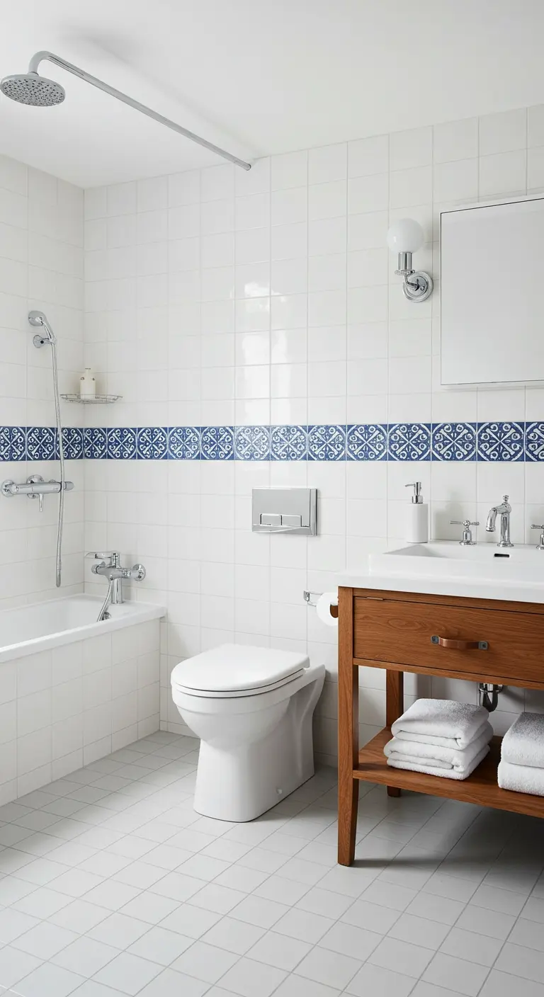 Witte badkamer met een horizontale sierrand van blauw-witte patroontegels.