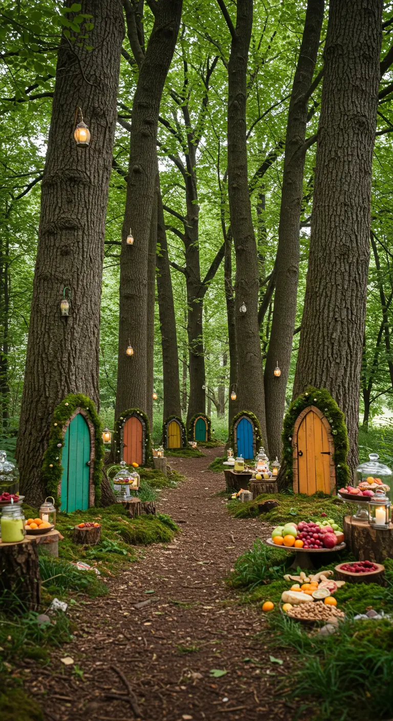 Bospad met kleine, gekleurde elfendeurtjes tegen de bomen.