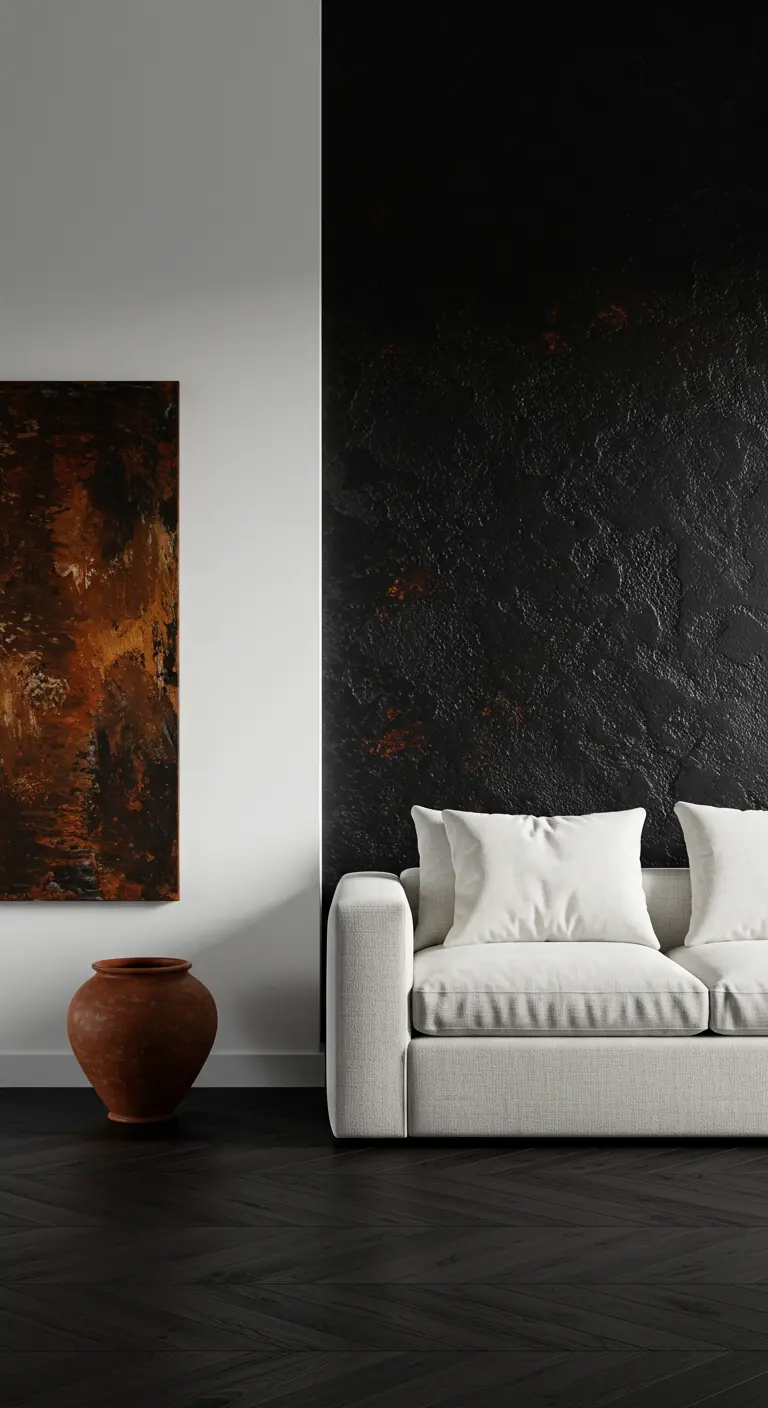Witte bank tegen een pikzwarte muur met ruwe textuur en een groot kunstwerk.