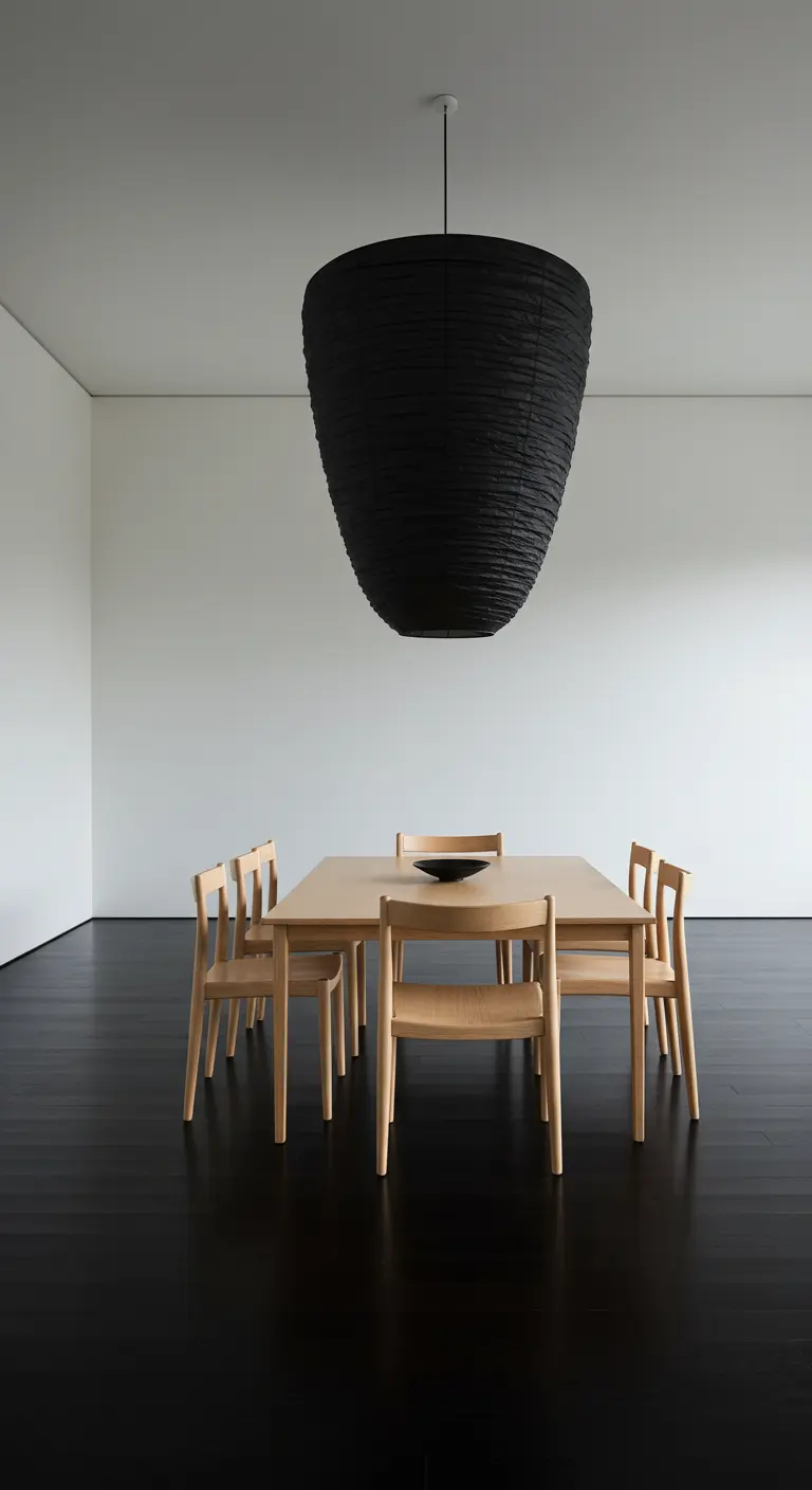 Witte eetkamer met zwarte vloer en een zeer grote, zwarte hanglamp.