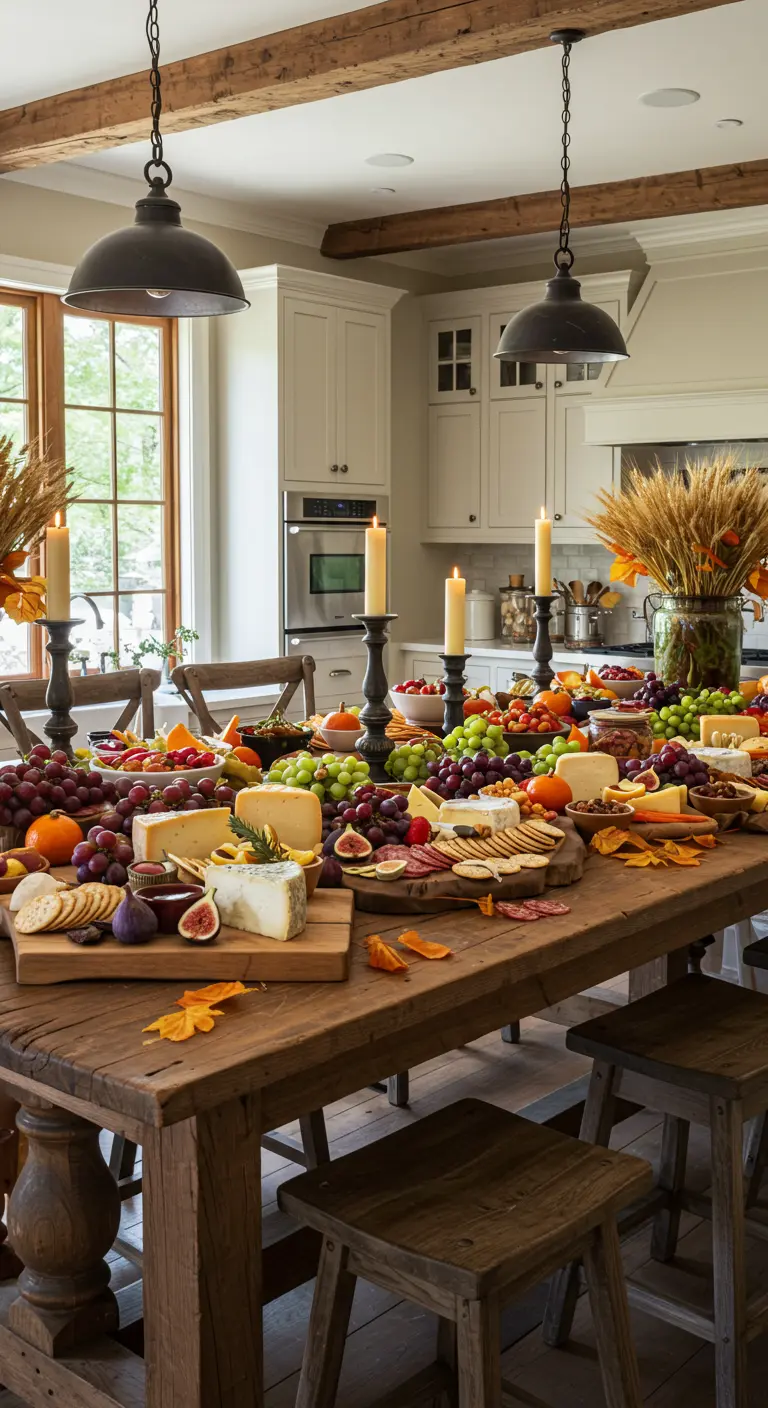 Rustiek houten keukeneiland vol kaas, fruit en brood voor een feest.