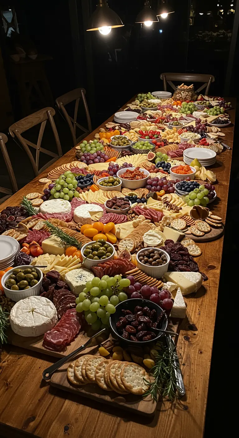 Een lange houten tafel volledig bedekt met een overvloed aan kazen, fruit, crackers en vleeswaren.