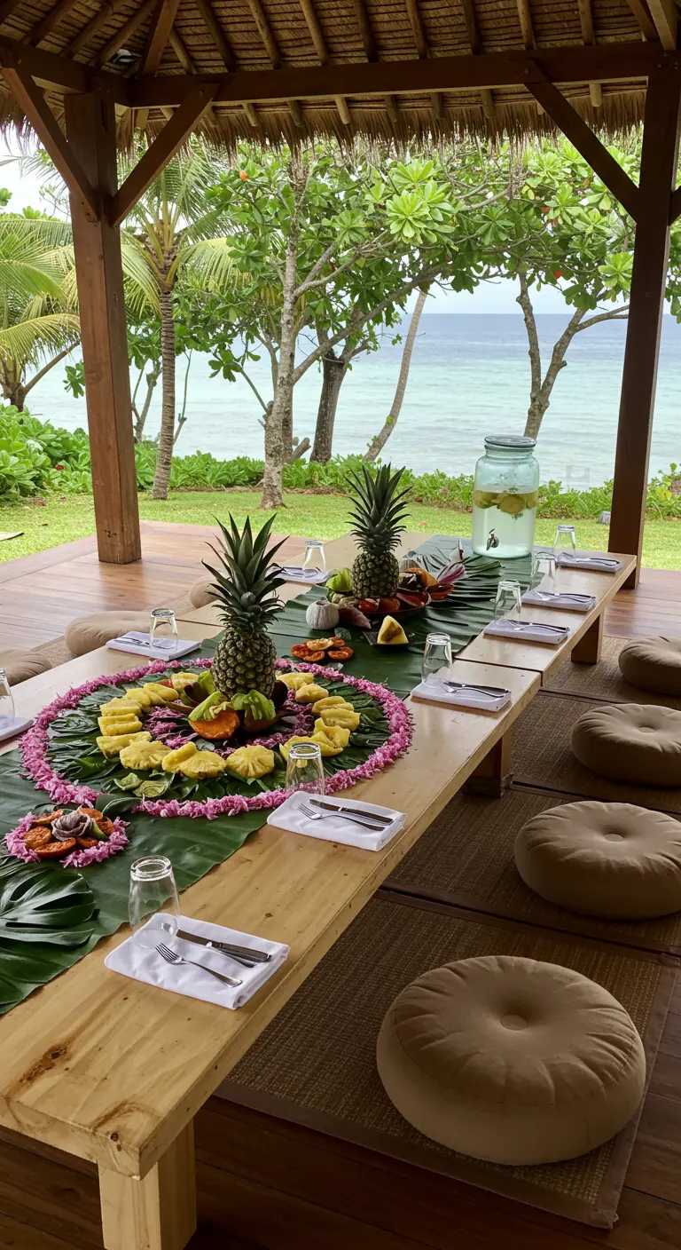 Lage eettafel met een eetbaar centerpiece van fruit en bloemen op bladeren.