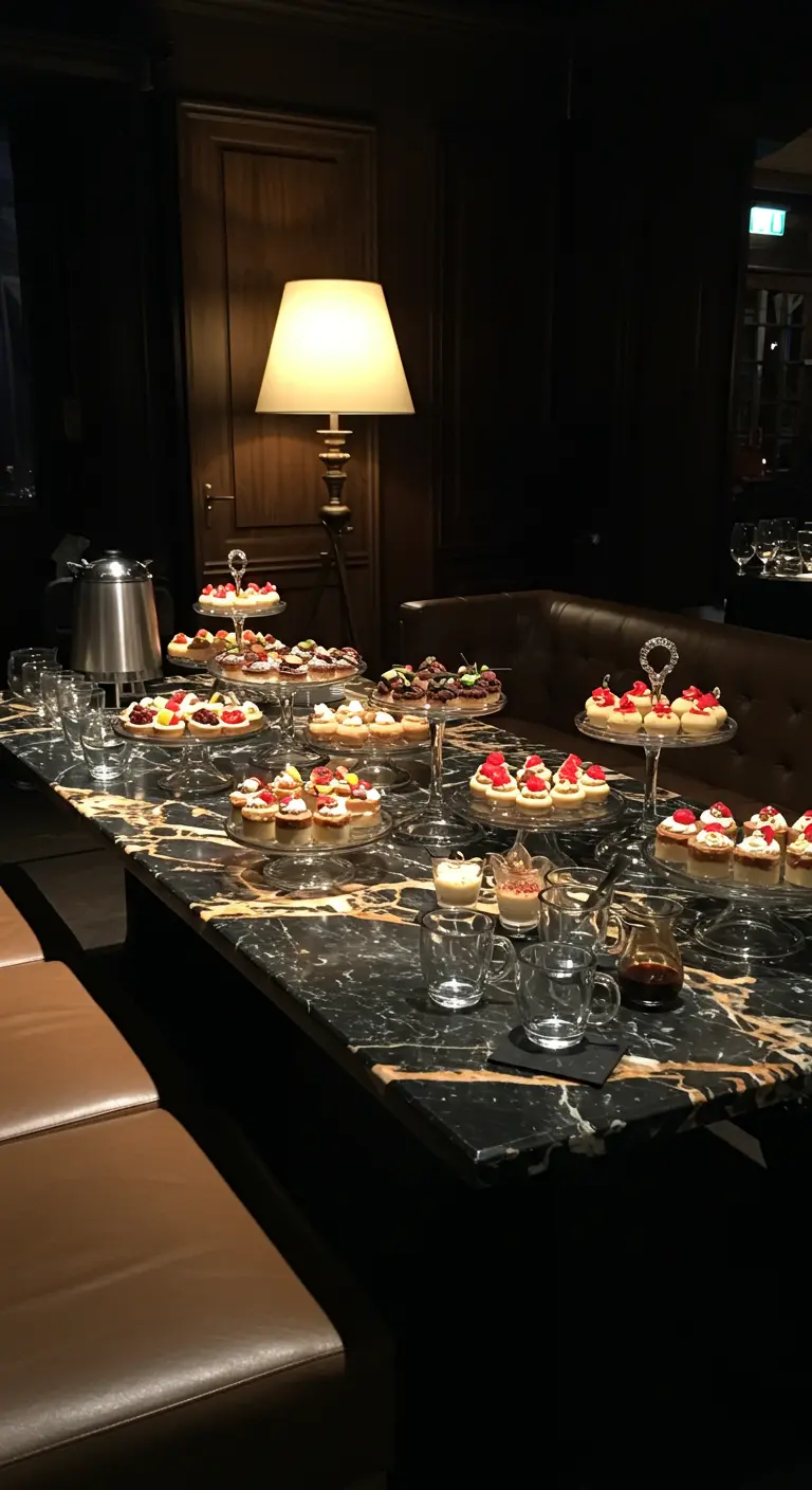 Dessertbuffet met kleurrijke patisserie op een donkere marmeren tafel in een sfeervol verlichte ruimte.