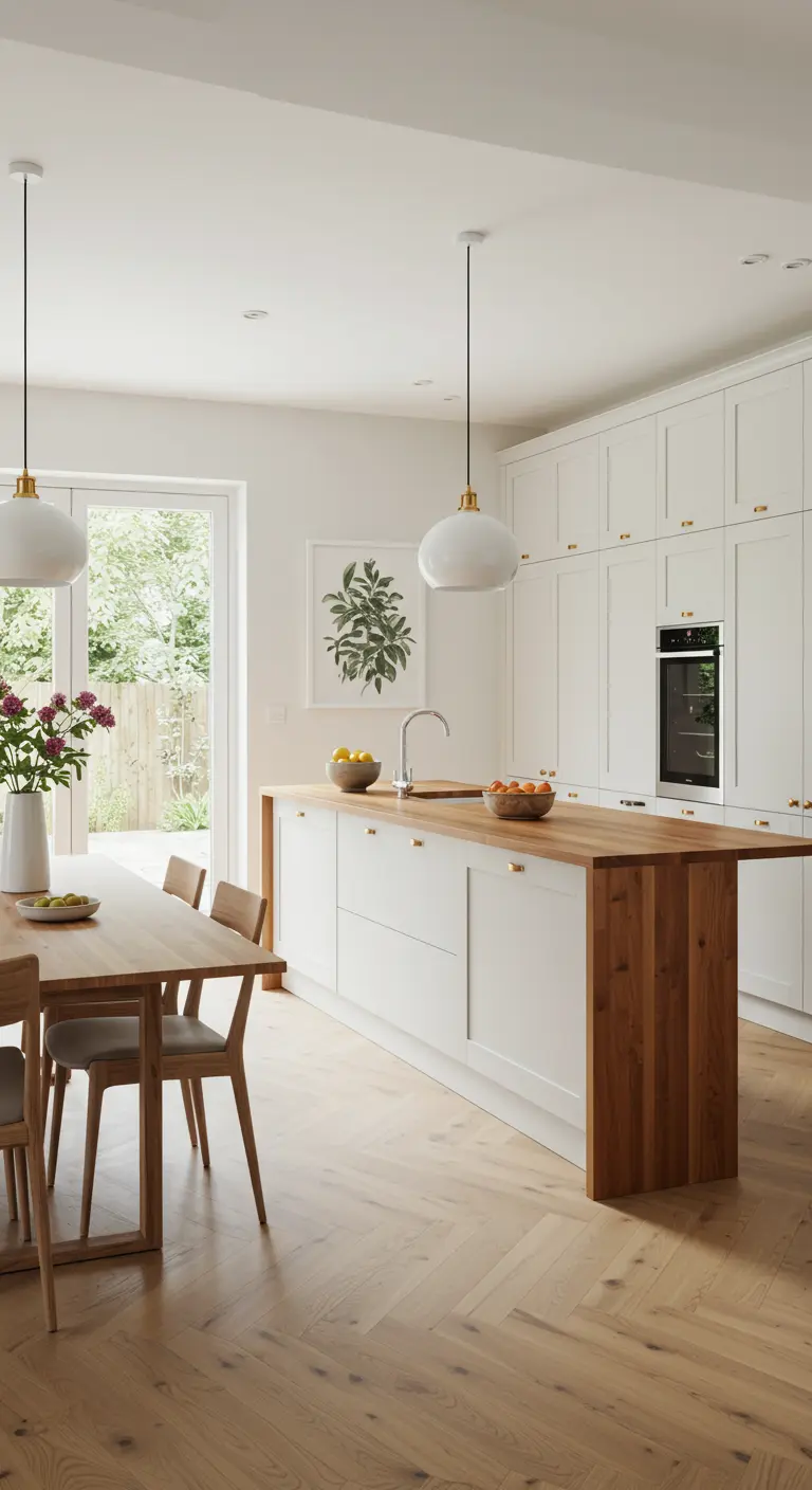 Witte keuken waarbij het houten werkblad van het eiland doorloopt in een grote eettafel.
