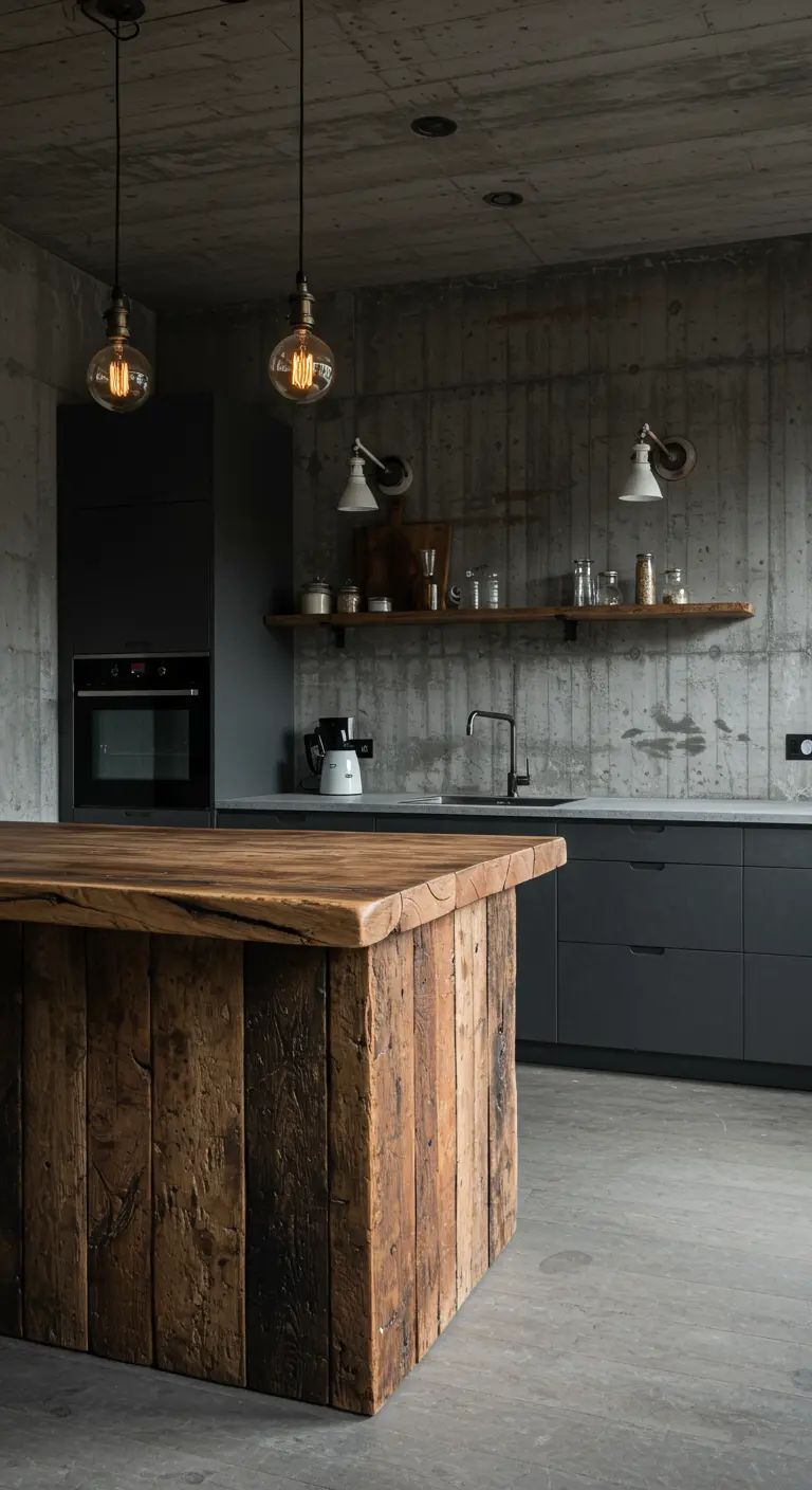 Industriële keuken met betonnen muren en een opvallend kookeiland van ruw, hergebruikt hout.