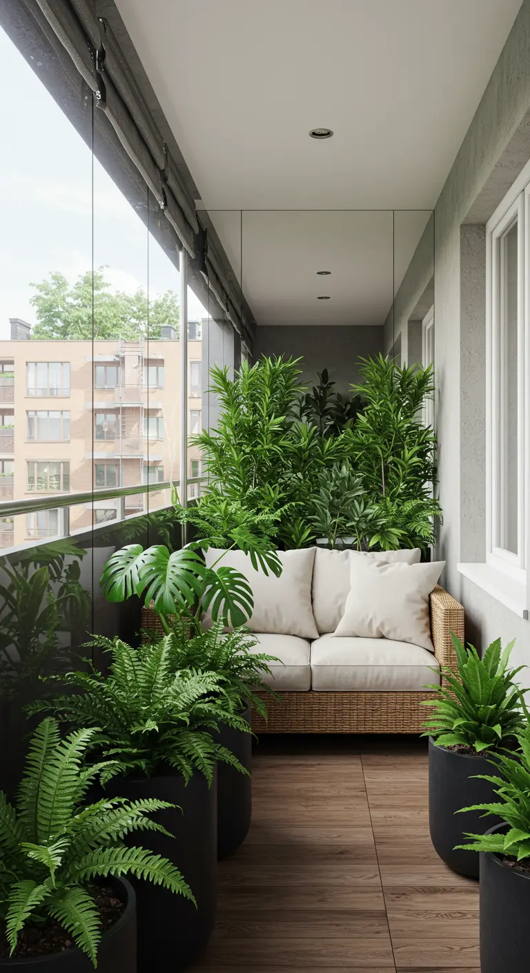 Smal balkon met een grote spiegelwand achter een rotan bankje.