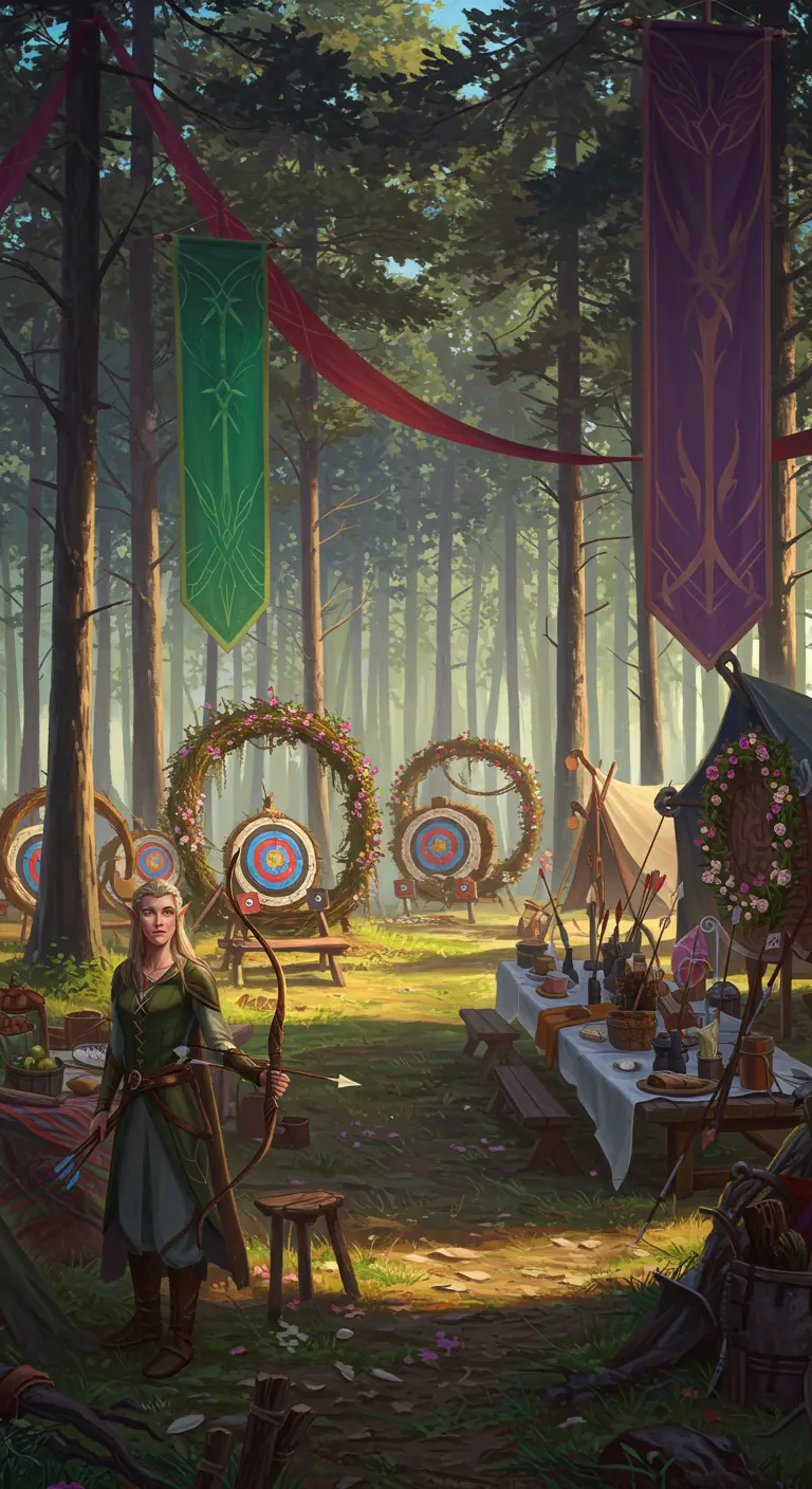 Boogschietbaan in het bos, versierd met bloemenkransen en banieren voor een elfenfeest.