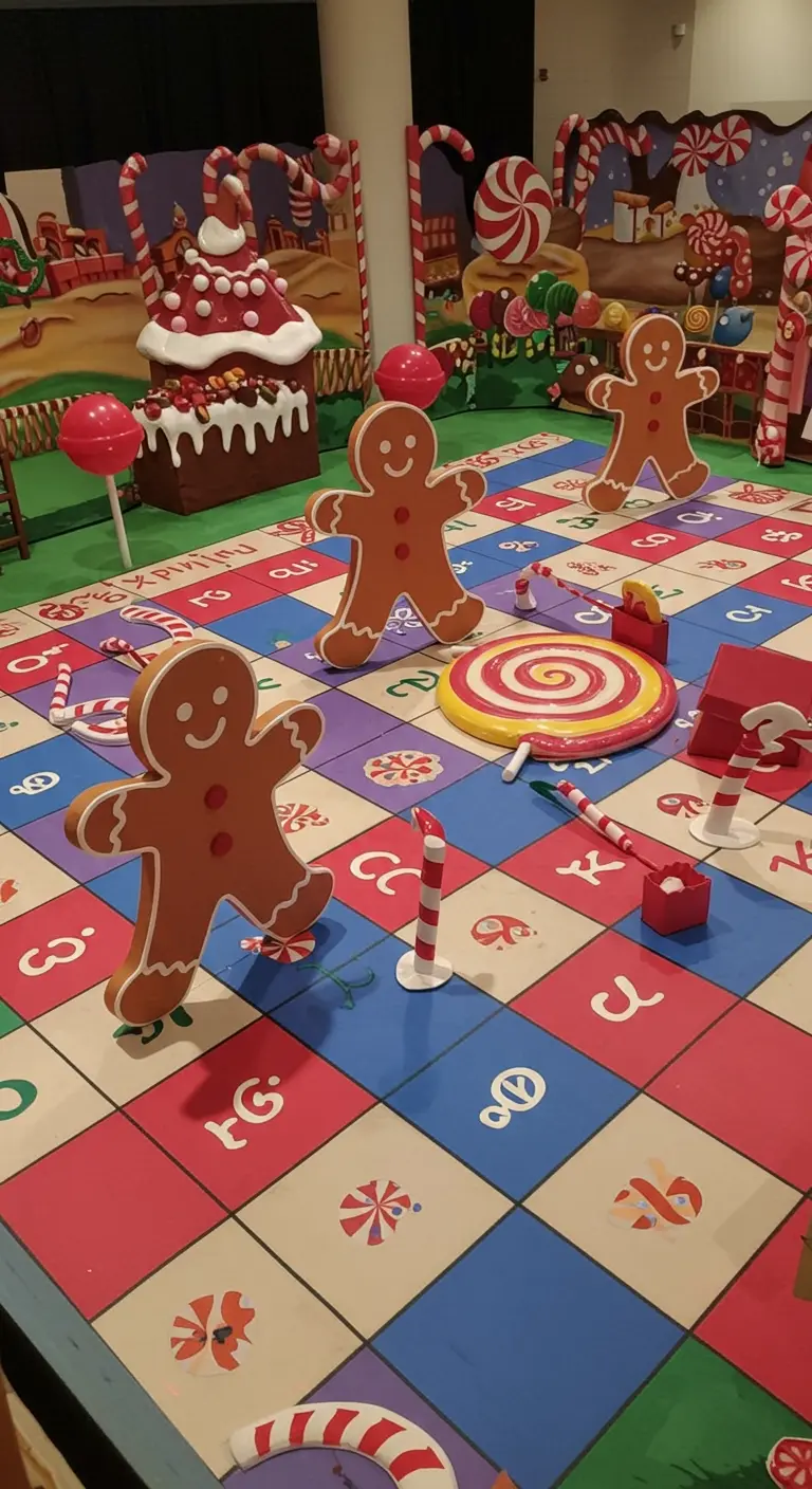 Levensgroot Candy Land bordspel op de vloer van een feestruimte.