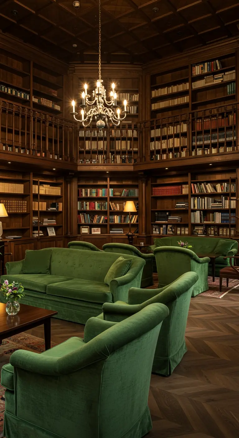 Luxe salon met donkerhouten bibliotheek en smaragdgroene fluwelen banken en fauteuils.