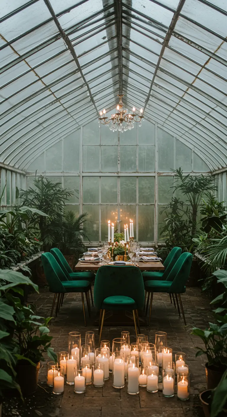 Intiem diner in een kas, met smaragdgroene stoelen en omringd door planten en vele kaarsen.
