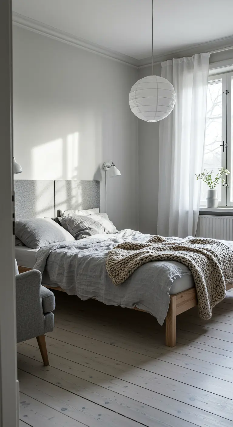 Lichtgrijze slaapkamer met houten bed, linnen beddengoed en een grote witte papieren lampion.