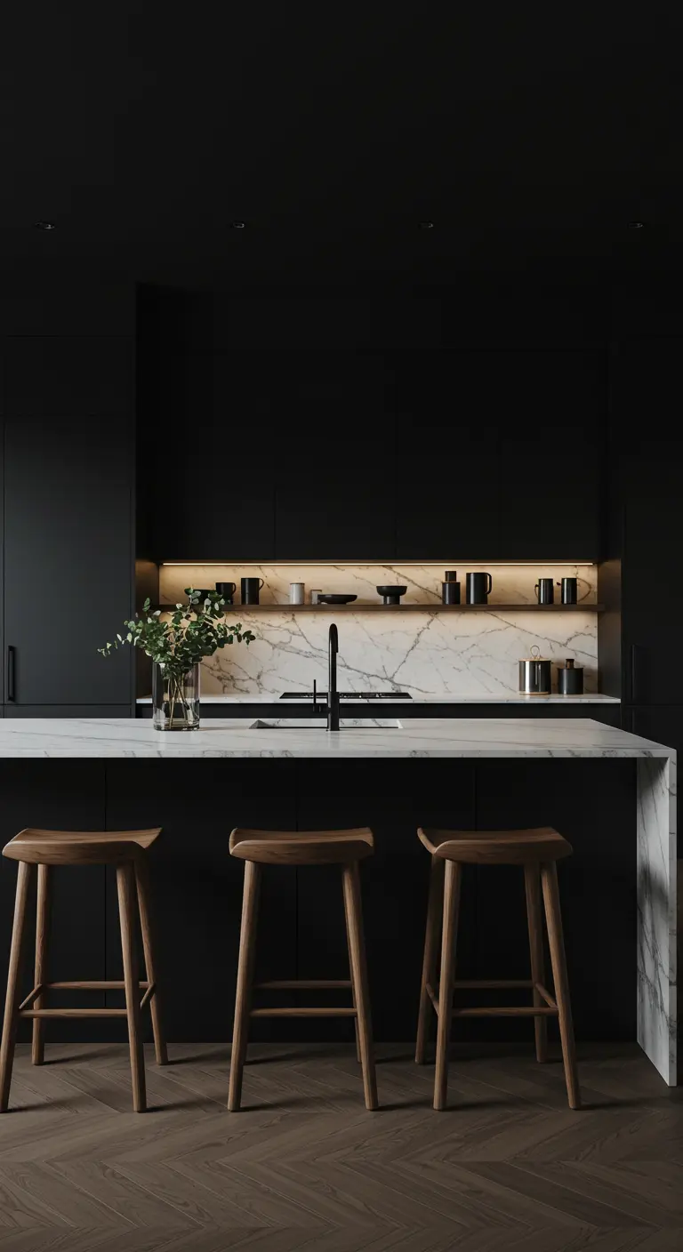 Minimalistische zwarte keuken met een wit marmeren eiland en een verlichte nis.