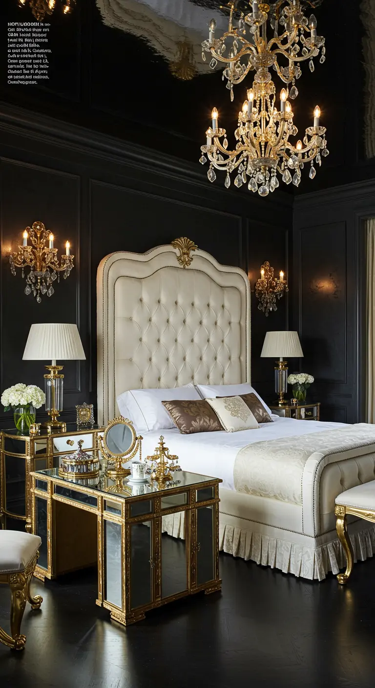 Extravagante slaapkamer met glanzend zwart plafond, grote kristallen kroonluchter en gouden spiegelmeubels.