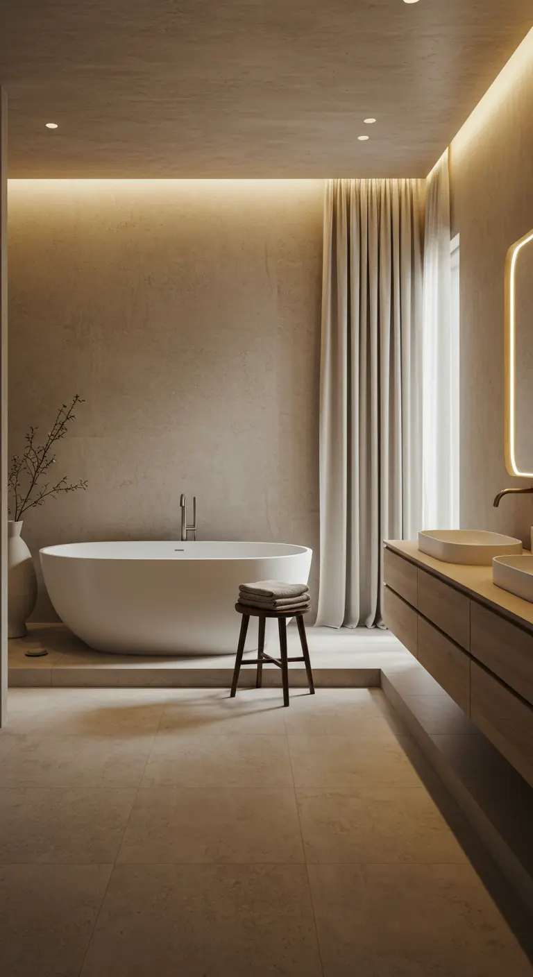 Moderne beige badkamer met vrijstaand bad, indirecte verlichting en een lang gordijn.