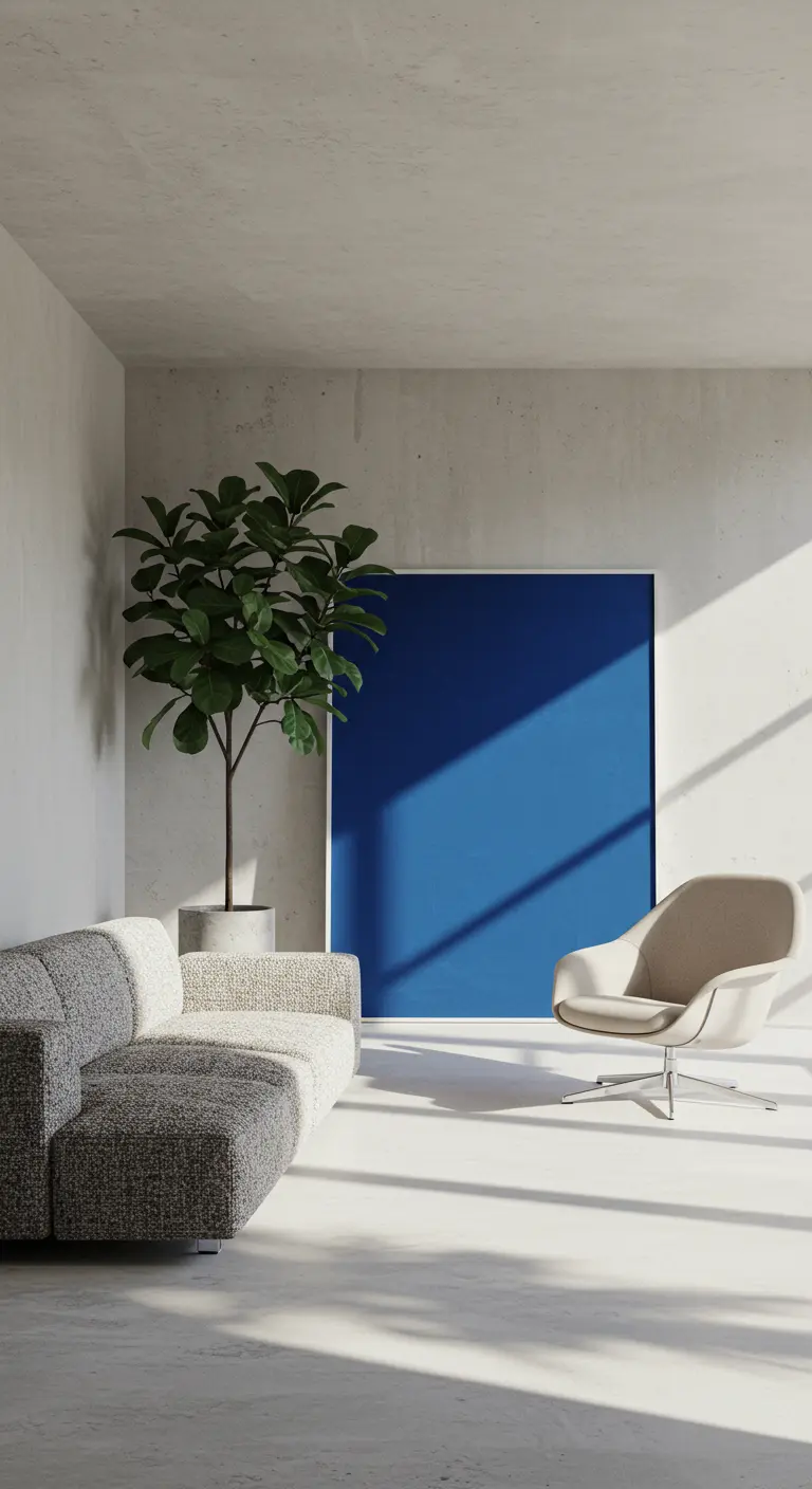 Minimalistische kamer met betonnen muren, waar een groot blauw vlak op de muur is geschilderd.