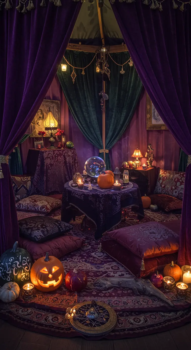 Luxe tent met paarse en groene gordijnen, lage tafel, kussens, kristallen bol, pompoenen en kaarsen.