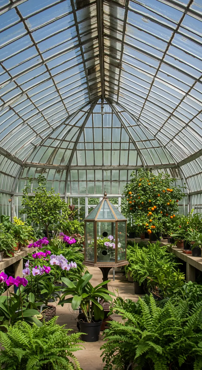 Glazen vogelhuis-vormig terrarium met orchideeën in een kas.
