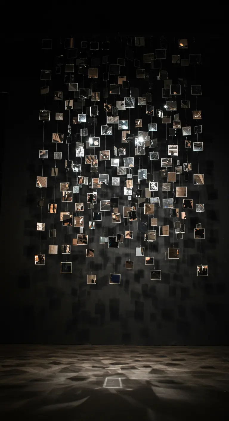 Kunstinstallatie van honderden kleine, vierkante spiegeltjes die als een gordijn hangen.