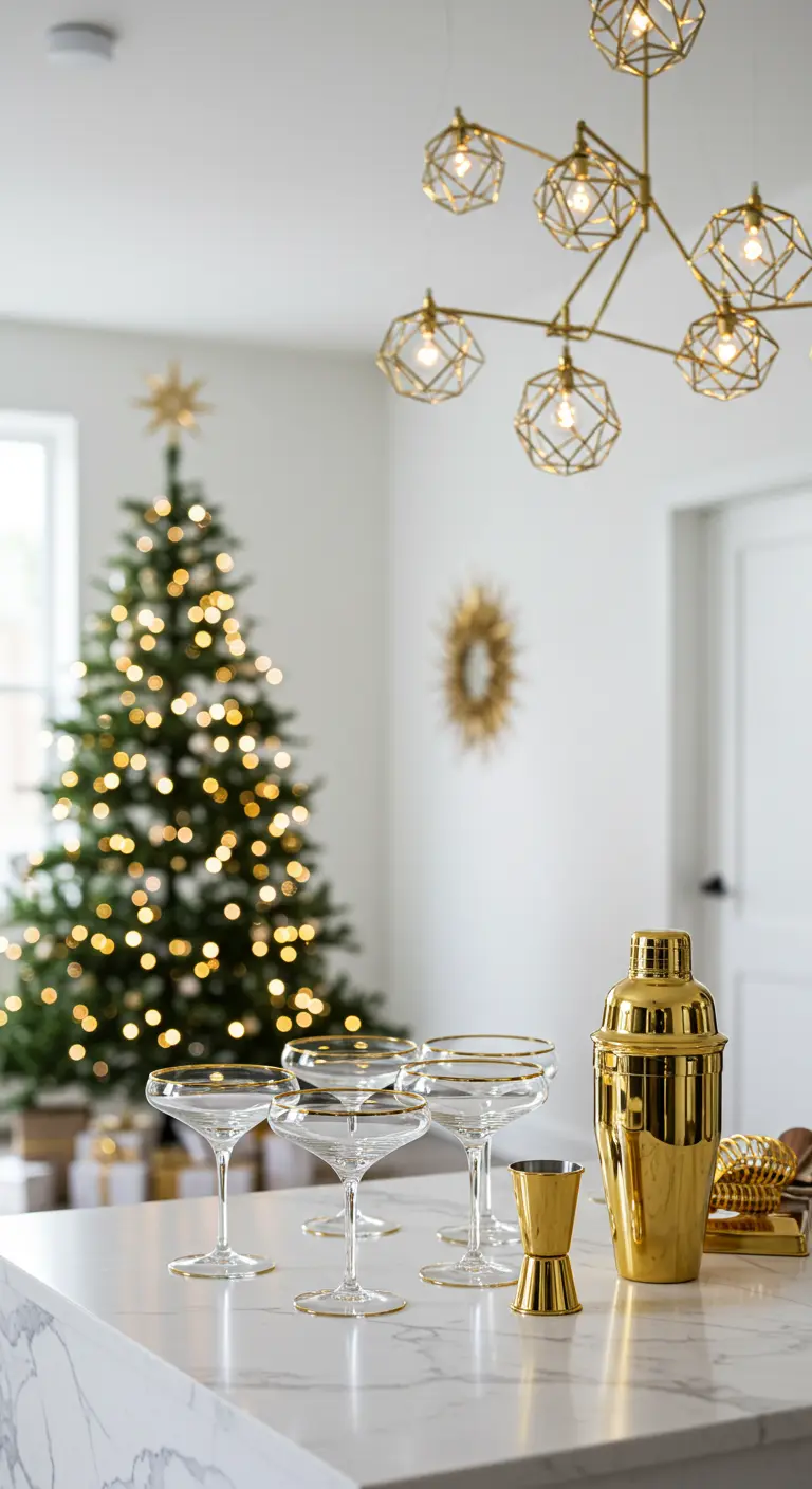 Gouden cocktailshaker en glazen op een marmeren aanrecht met kerstboom op de achtergrond.