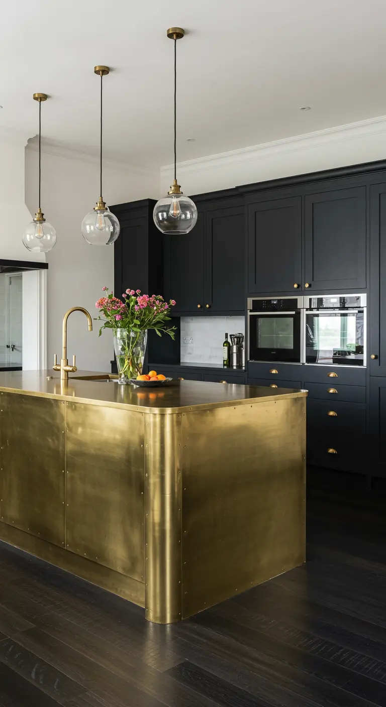 Indrukwekkende zwarte keuken met een groot kookeiland dat volledig bekleed is met goudkleurig messing.