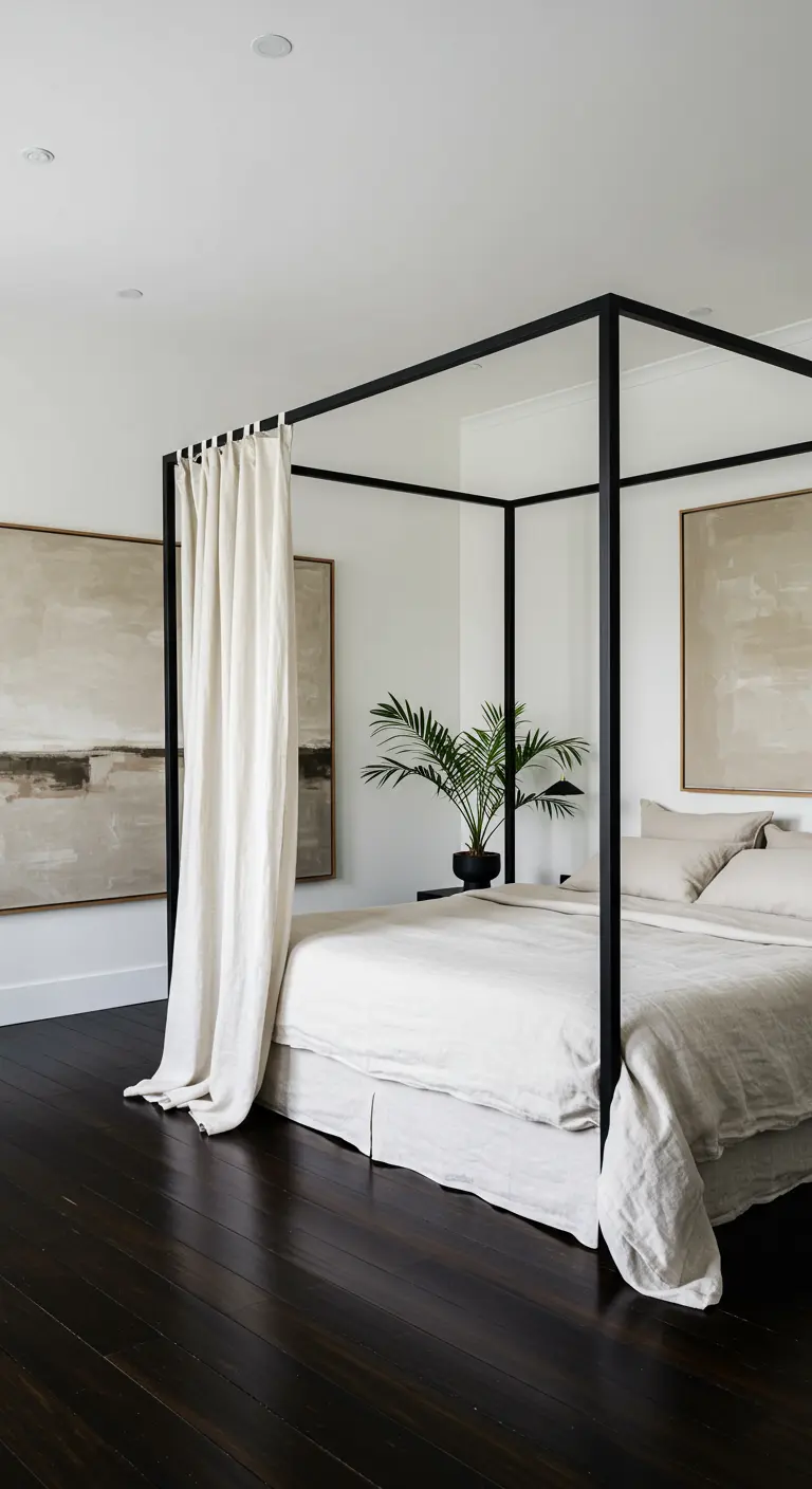 Minimalistische slaapkamer met een zwart metalen hemelbed en een donkere houten vloer.