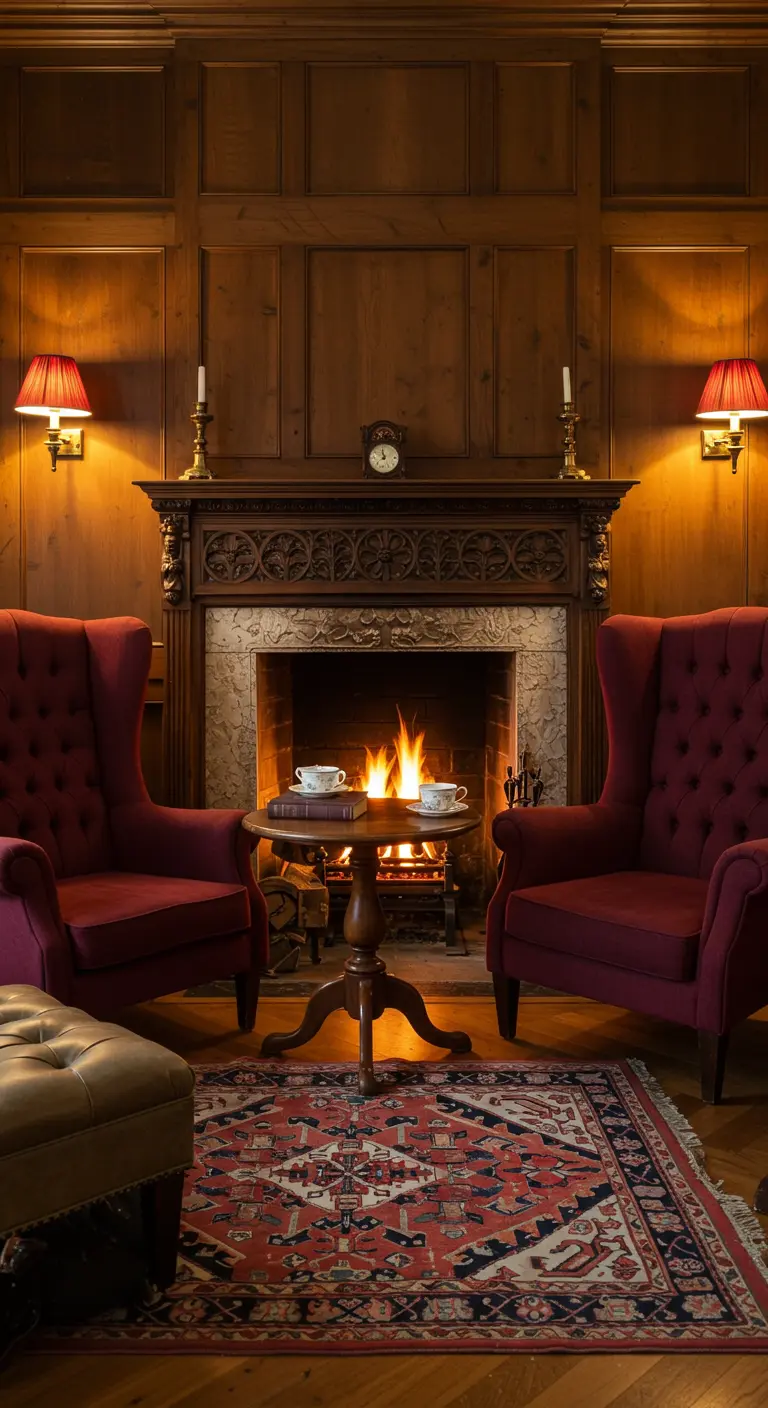 Klassieke woonkamer met een grote houten schouw, brandende haard en twee rode fauteuils.