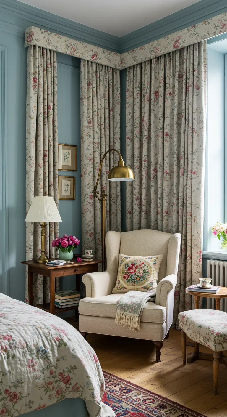 Leeshoek in slaapkamer met bloemetjesgordijnen, een bijpassend kussen op een crèmekleurige fauteuil.