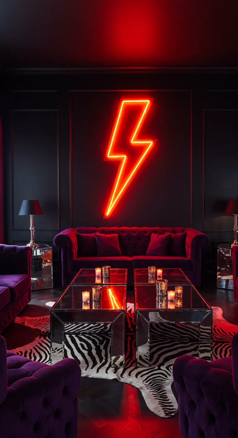 Donkere lounge met paarse fluwelen banken en een grote, felrode neonbliksem aan de muur.