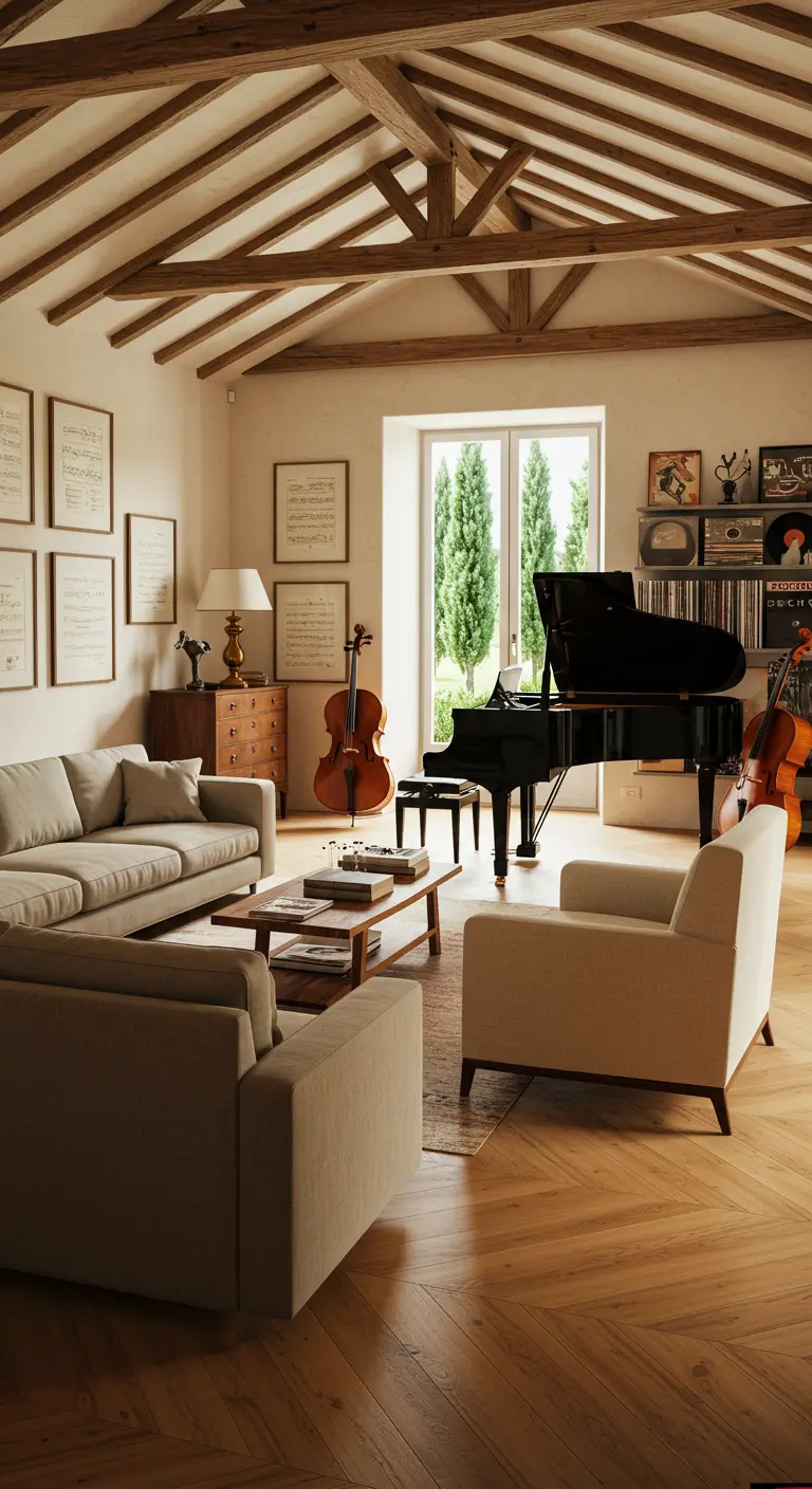 Klassieke woonkamer met een vleugelpiano, lichte banken en een houten visgraatvloer.