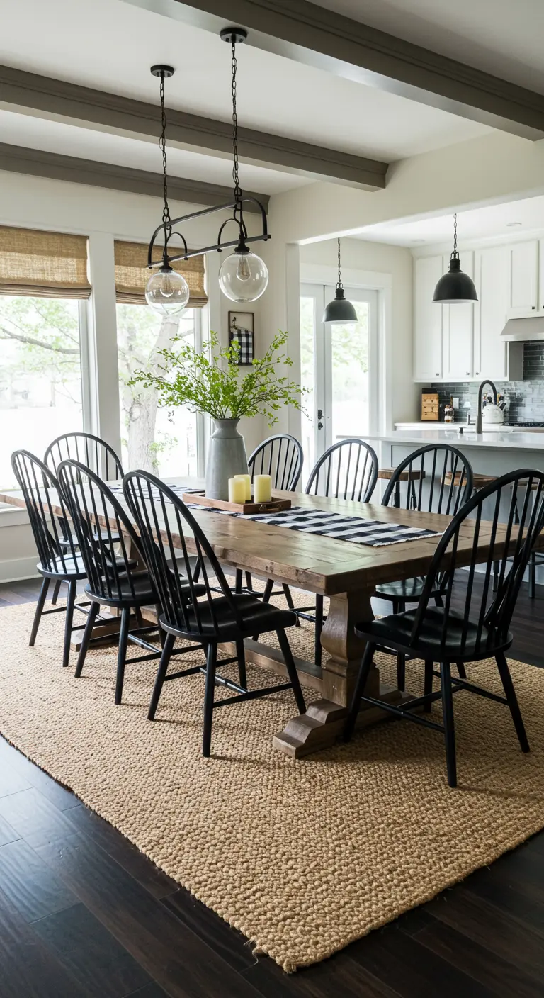 Moderne boerderij-eethoek met een robuuste houten tafel, zwarte spijlenstoelen en een groot jute tapijt.