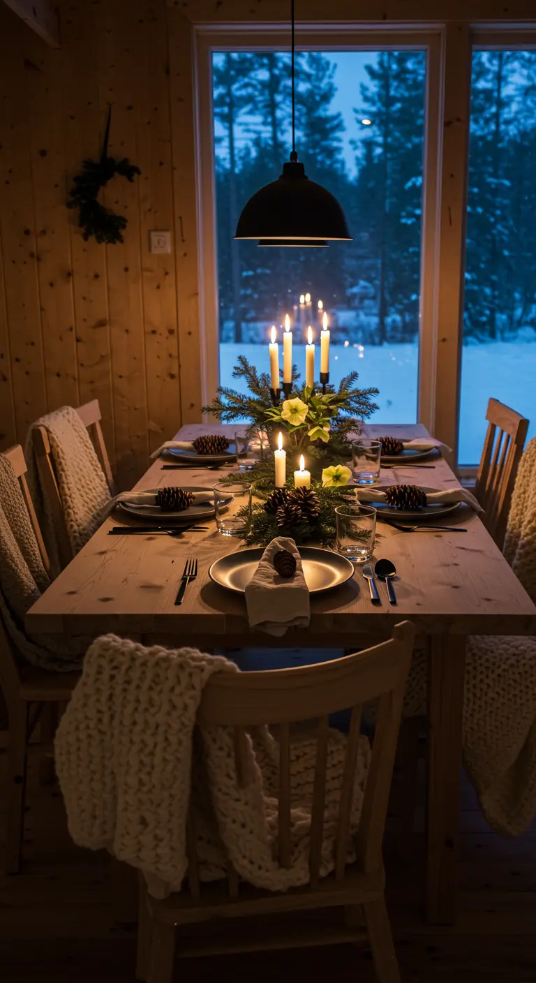 Eettafel in houten hut, gedekt met kaarsen en dennentakken.