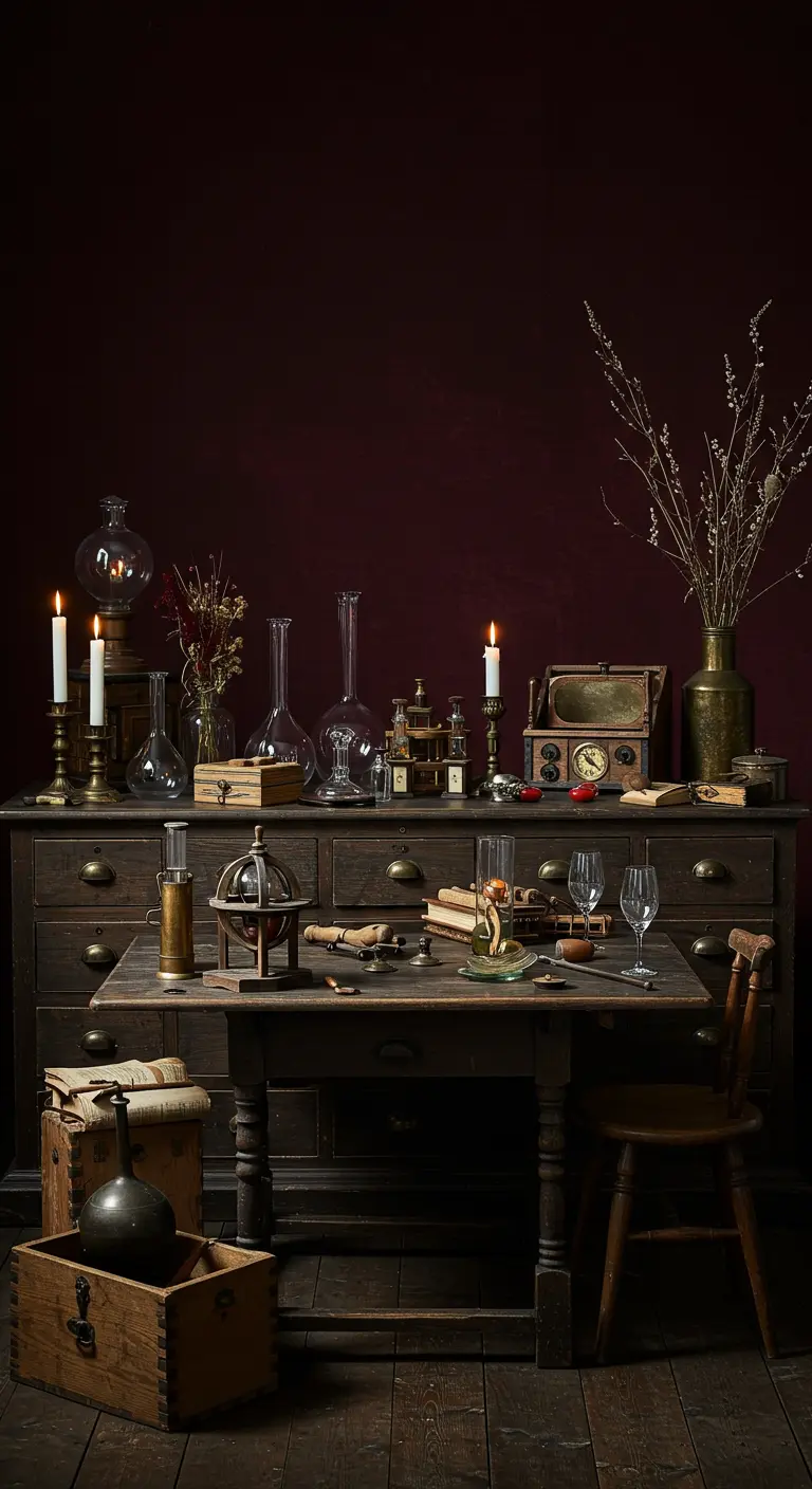 Donkere kamer ingericht als een alchemistisch kabinet met vintage flessen, boeken en kaarsen.
