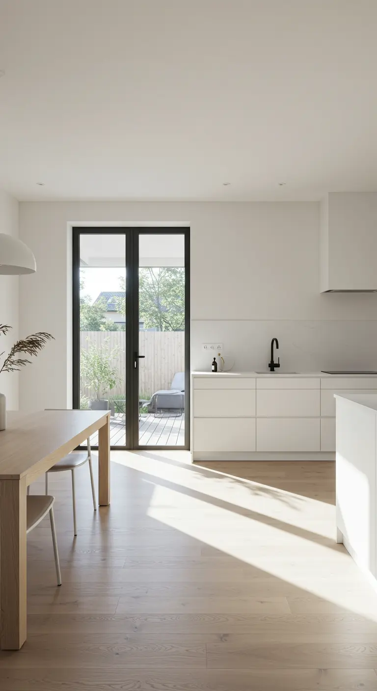 Lichte, minimalistische keuken met houten vloer, zwarte deurkozijnen en een zwarte kraan.
