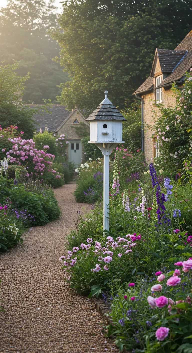 Klassiek wit vogelhuisje op een paal in een romantische Engelse cottagetuin.