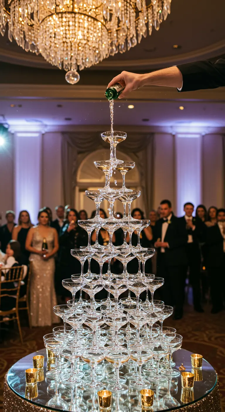 Hoge champagnetoren van coupeglazen wordt ingeschonken tijdens een bruiloftsreceptie.