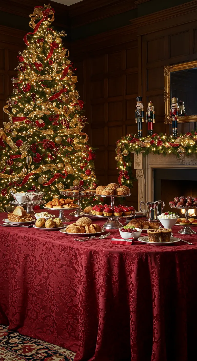 Desserttafel met rood tafelkleed, gebak en een grote, versierde kerstboom.