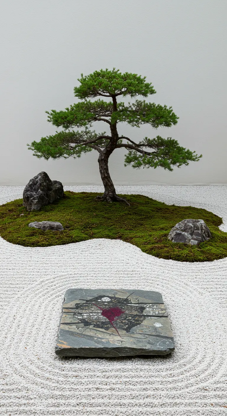 Japanse zentuin met geharkt wit zand, een bonsaiboom en een enkele leisteen met mozaïek.