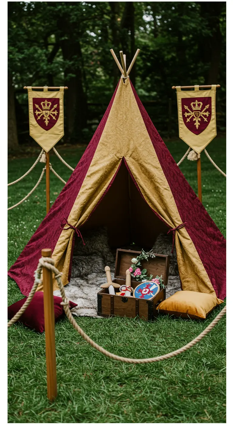 Middeleeuwse kindertent in bordeauxrood en goud, met vaandels en een schatkist.