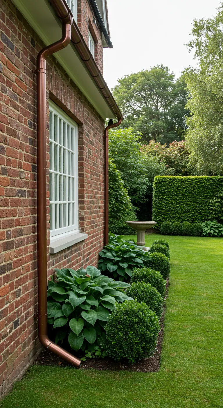 Elegante koperen regenpijp tegen een klassieke bakstenen muur met strak gesnoeide buxus.