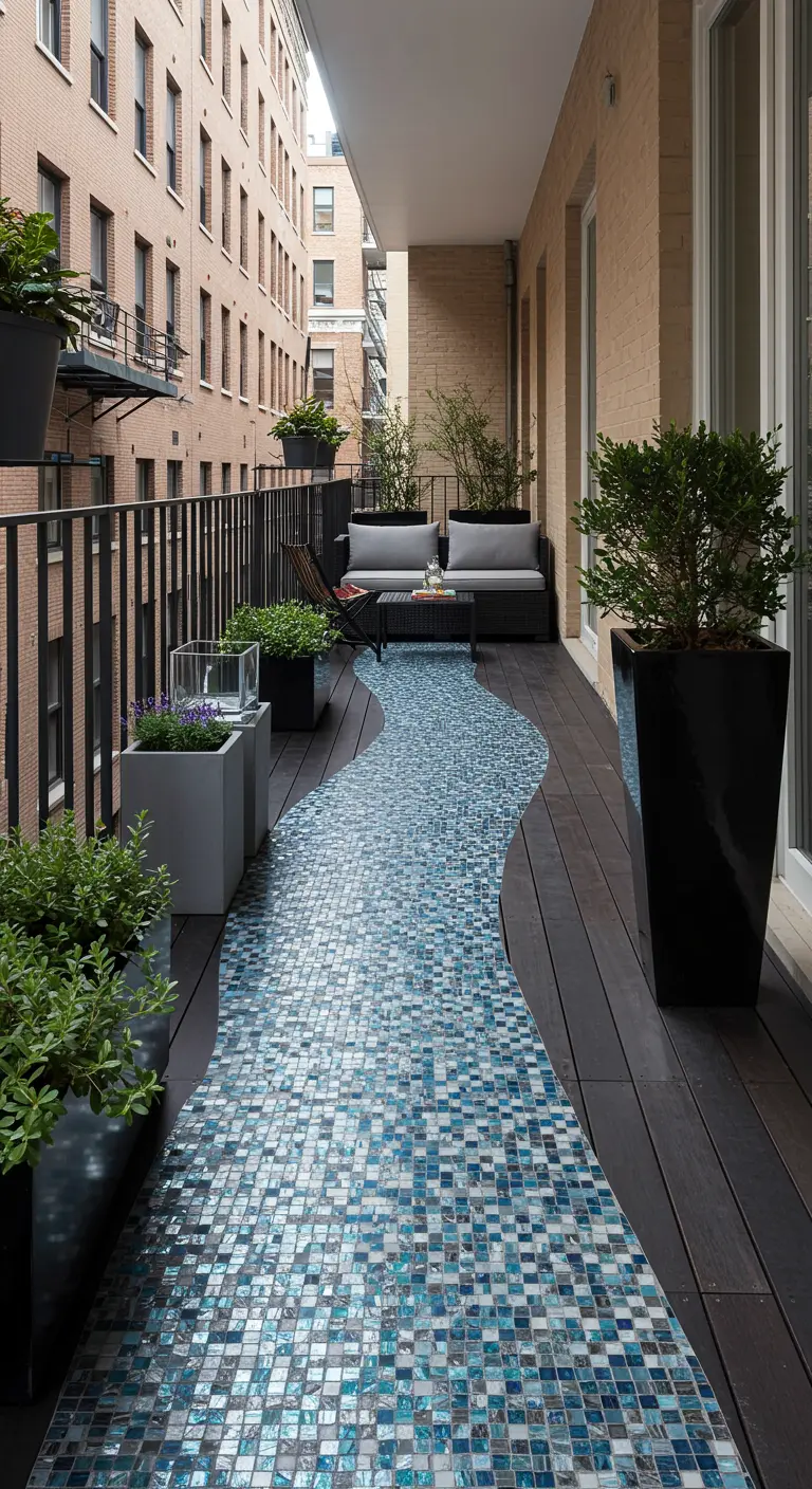 Lang, smal stadsbalkon met een slingerend pad van blauwe mozaïektegels over een donkere houten vloer.