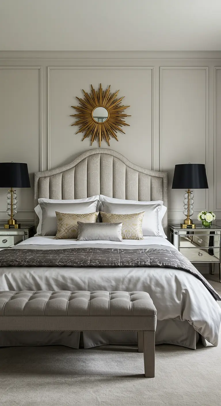 Luxe grijze slaapkamer met een zonnestraalspiegel boven het gestoffeerde hoofdbord.