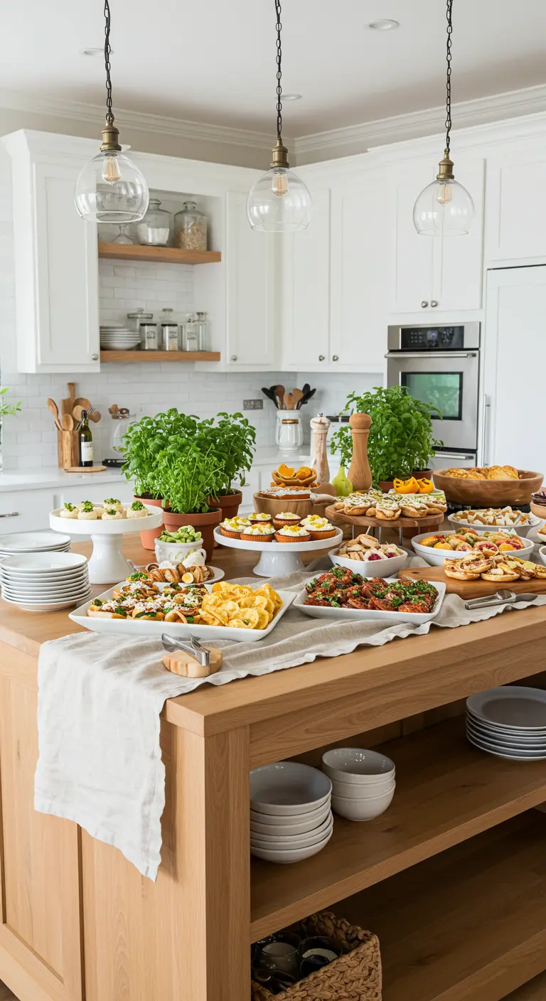 Keukeneiland vol met hapjes, schalen en potten met verse basilicum.