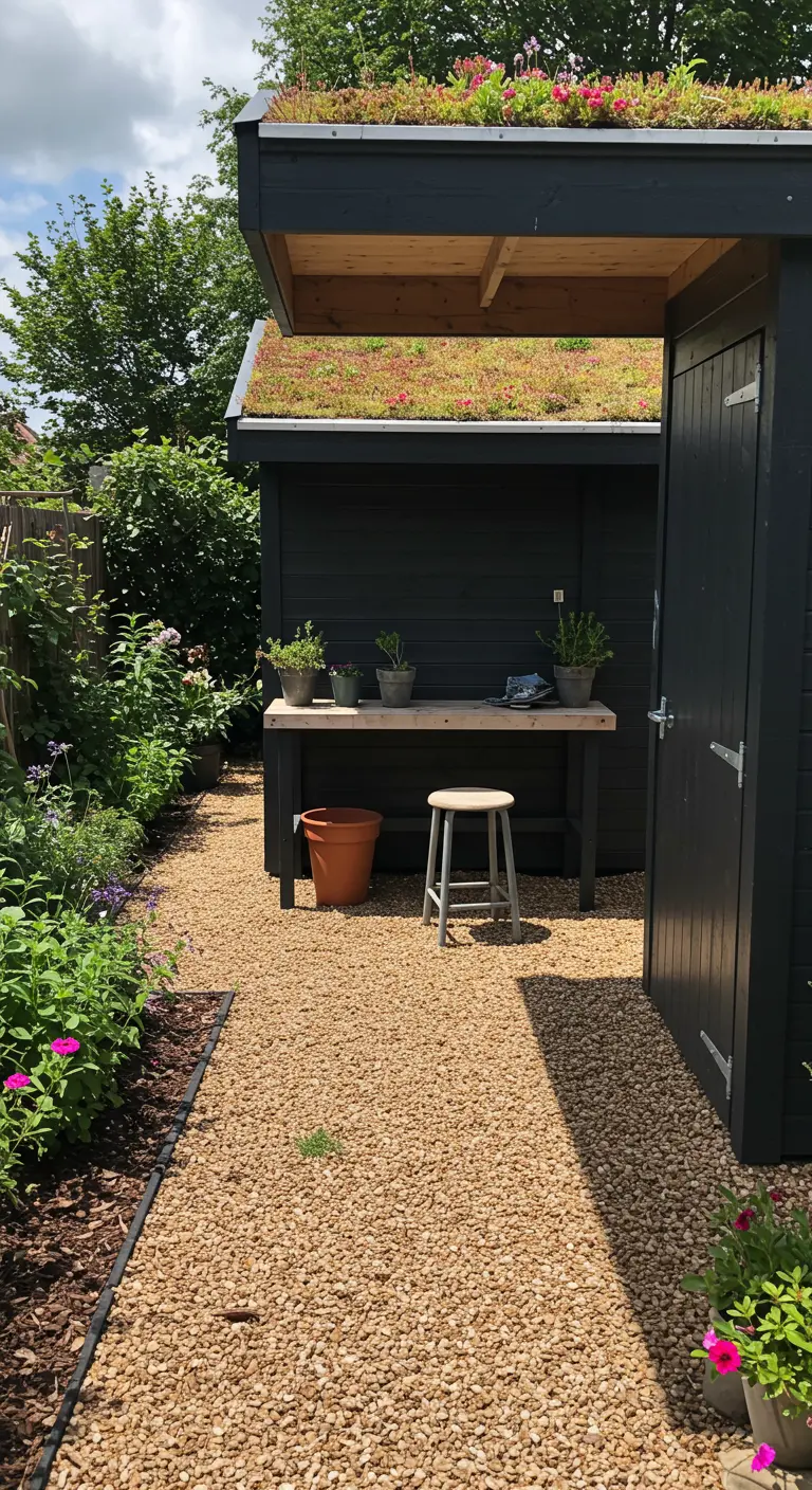 Houten schuurtje met een dak volledig begroeid met sedumplanten en bloemen.