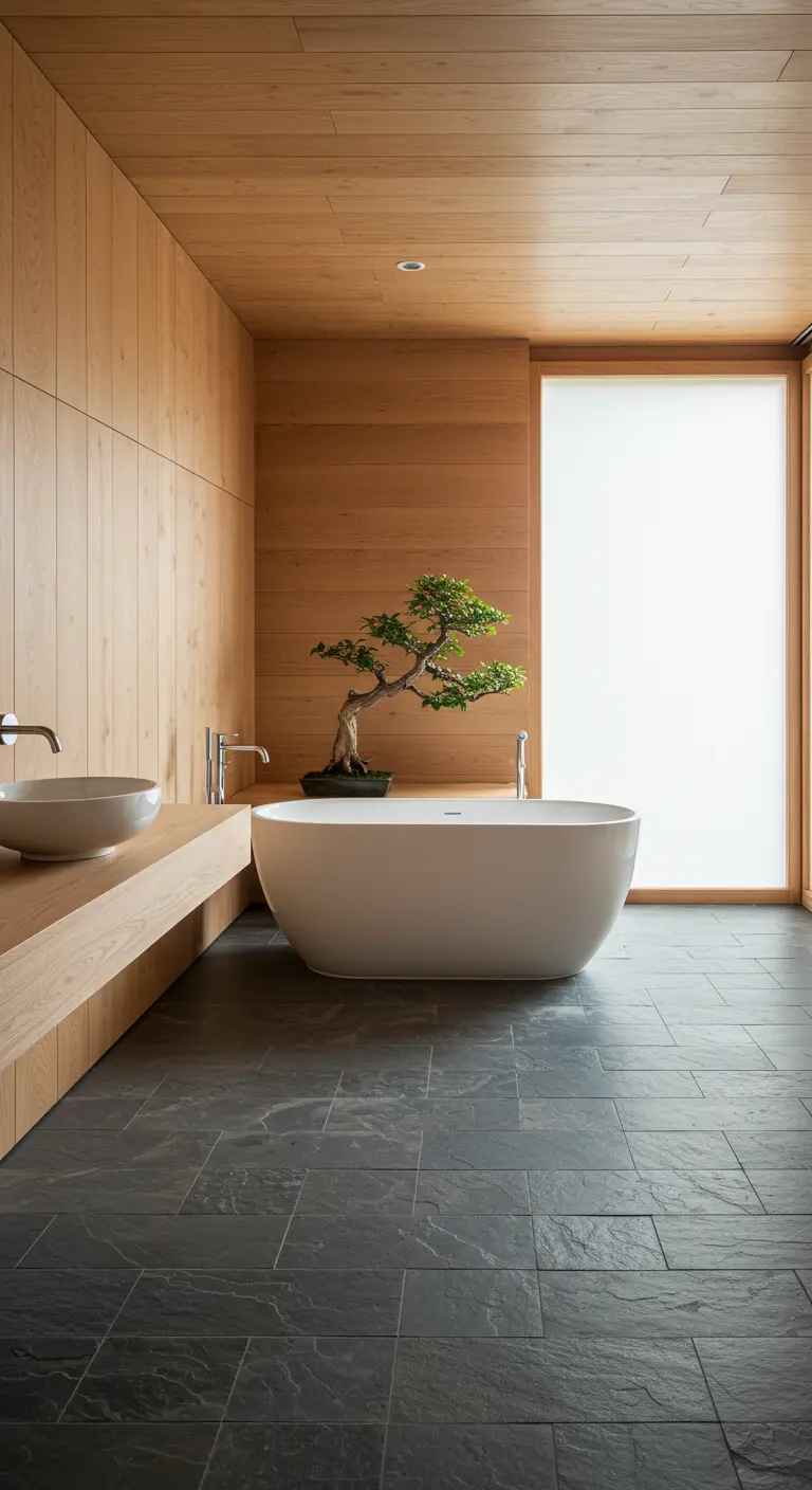 Minimalistische badkamer met lichte houten wanden, leistenen vloer en een bonsai naast het bad.