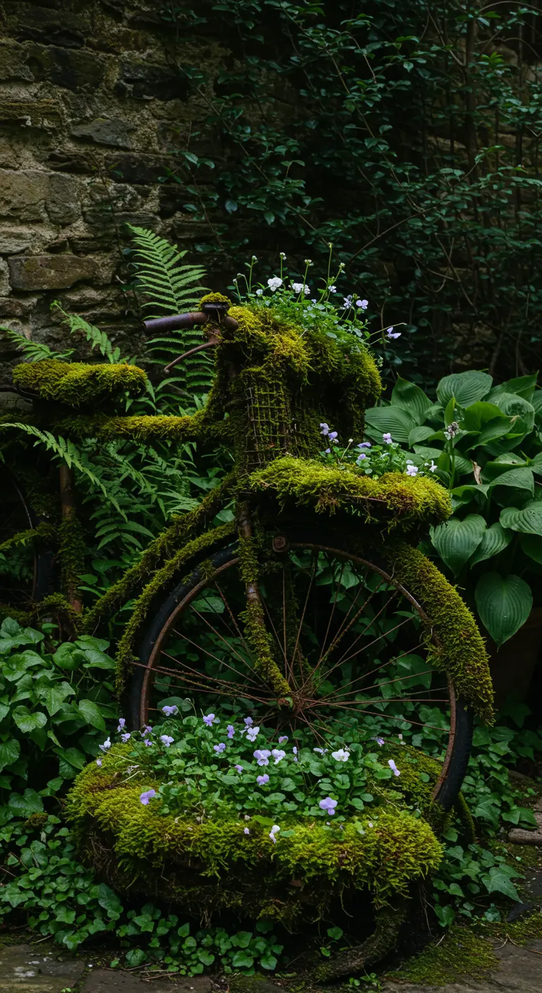 Oude, roestige fiets volledig begroeid met mos en kleine paarse bloemetjes in een weelderige tuin.